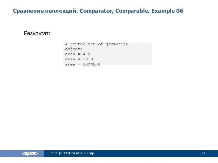 Сравнение коллекций. Comparator, Comparable. Example 06 Результат: 2011 © EPAM Systems,