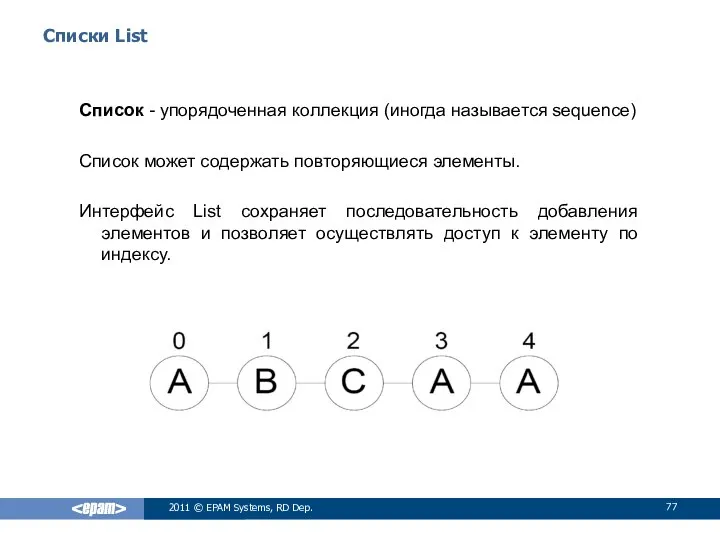 Списки List Список - упорядоченная коллекция (иногда называется sequence) Список может