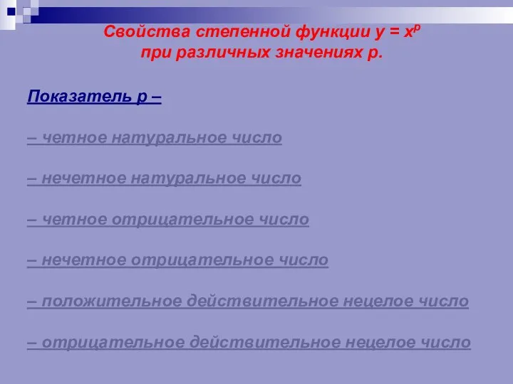 Свойства степенной функции у = хр при различных значениях р. Показатель