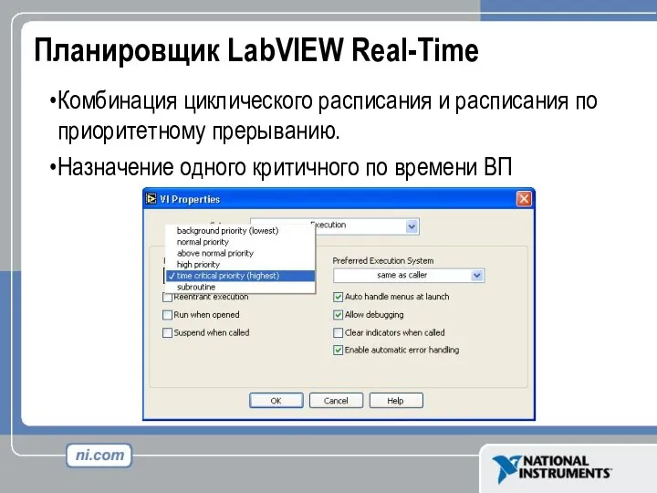 Планировщик LabVIEW Real-Time Комбинация циклического расписания и расписания по приоритетному прерыванию.