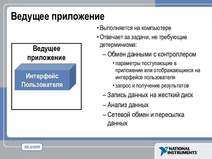 Ведущее приложение Выполняется на компьютере Отвечает за задачи, не требующие детерминизма: