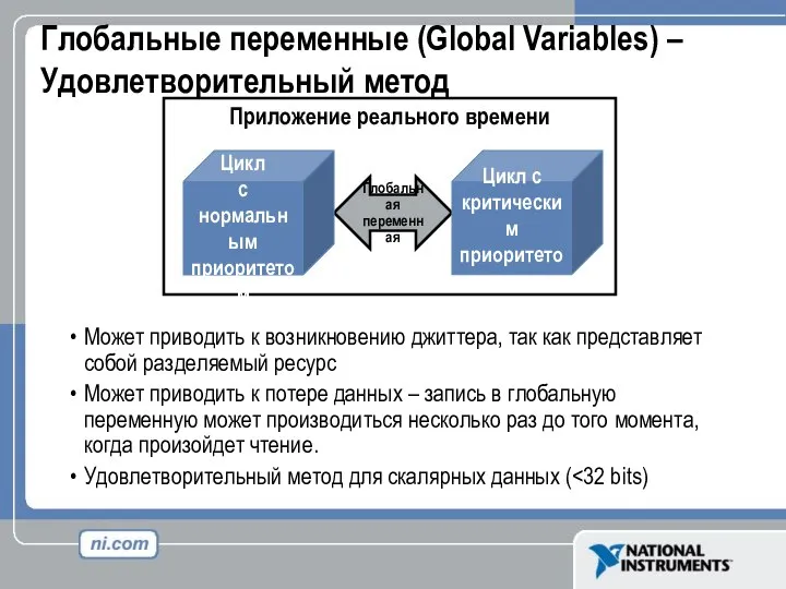 Глобальные переменные (Global Variables) – Удовлетворительный метод Может приводить к возникновению