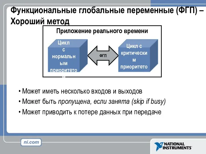 Функциональные глобальные переменные (ФГП) – Хороший метод Может иметь несколько входов