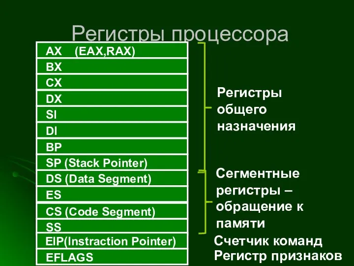 Регистры процессора Регистры общего назначения Сегментные регистры – обращение к памяти Счетчик команд Регистр признаков