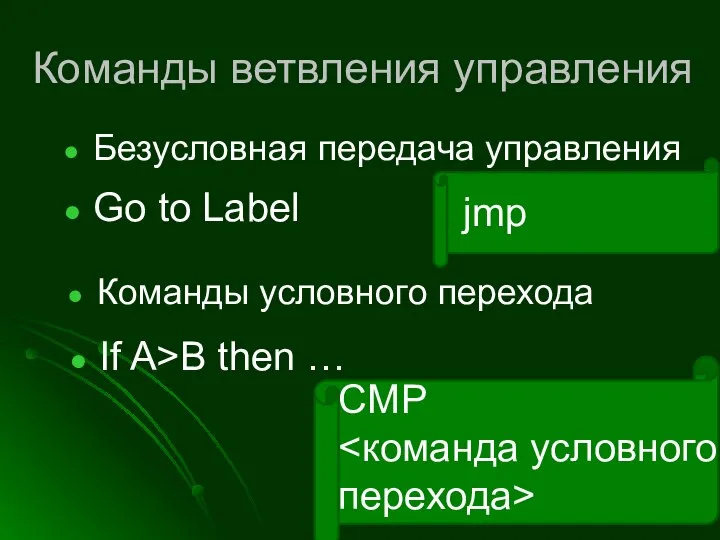 Команды ветвления управления Безусловная передача управления Go to Label jmp Команды