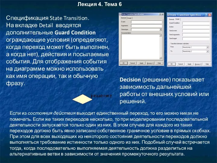 Спецификация State Transition. На вкладке Detail вводятся дополнительные Guard Condition ограждающие