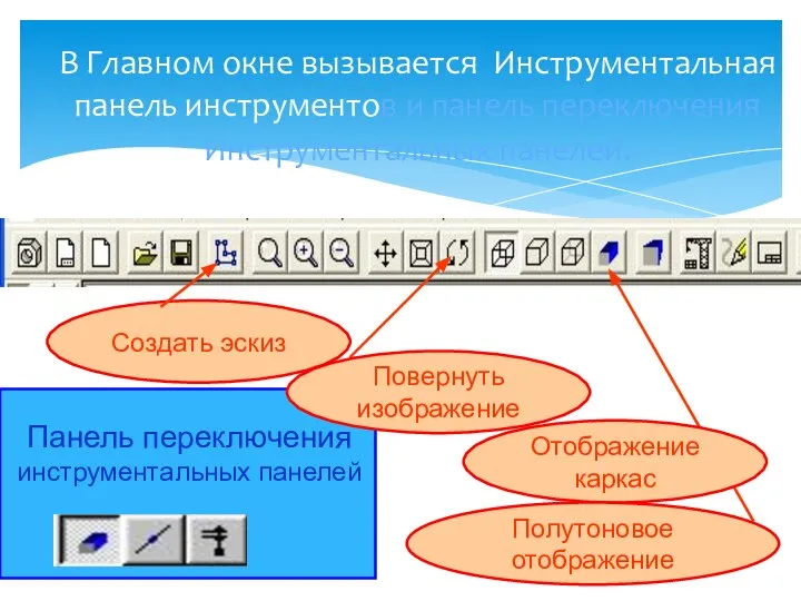 В Главном окне вызывается Инструментальная панель инструментов и панель переключения Инструментальных