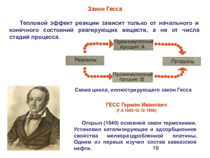 Открыл (1840) основной закон термохимии. Установил катализирующее и адсорбционное свойства мелкораздробленной