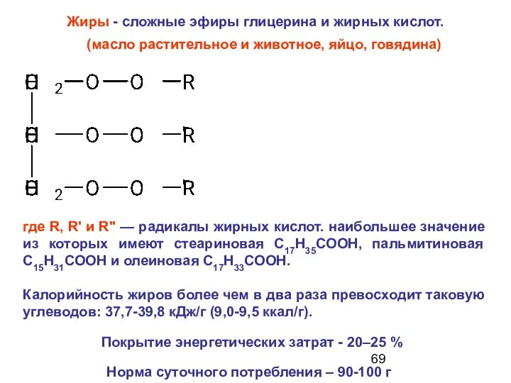 Жиры - сложные эфиры глицерина и жирных кислот. где R, R'