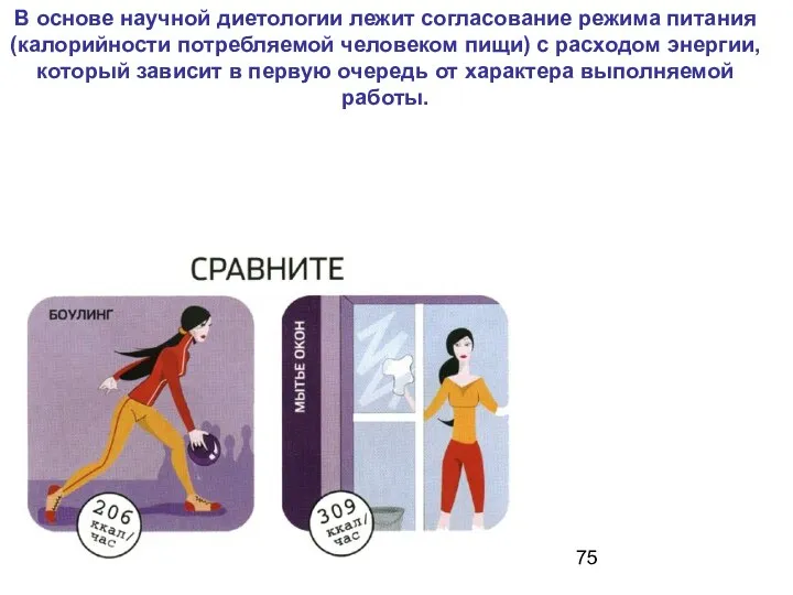 В основе научной диетологии лежит согласование режима питания (калорийности потребляемой человеком