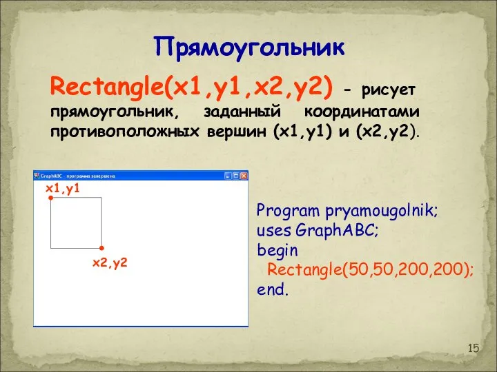 Прямоугольник Rectangle(x1,y1,x2,y2) - рисует прямоугольник, заданный координатами противоположных вершин (x1,y1) и