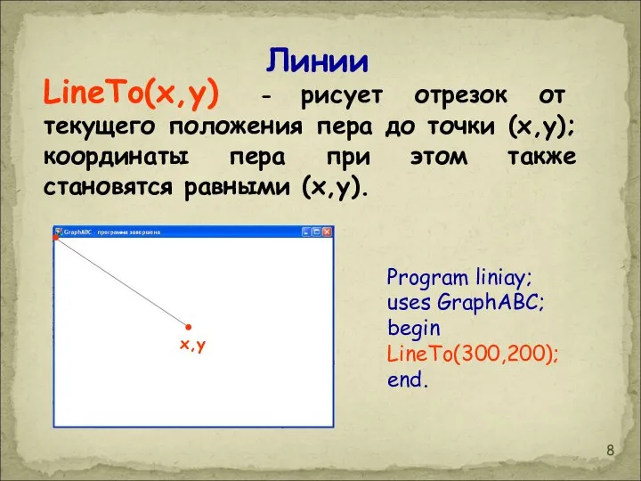 Линии LineTo(x,y) - рисует отрезок от текущего положения пера до точки