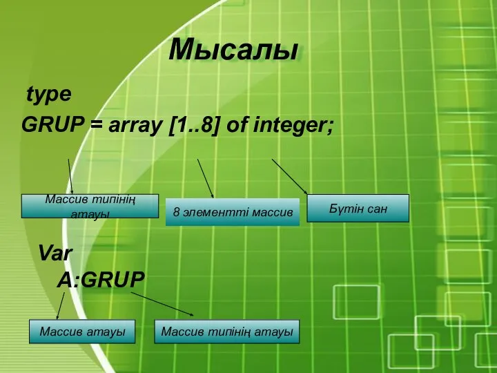 Мысалы type GRUP = array [1..8] of integer; Массив типінің атауы