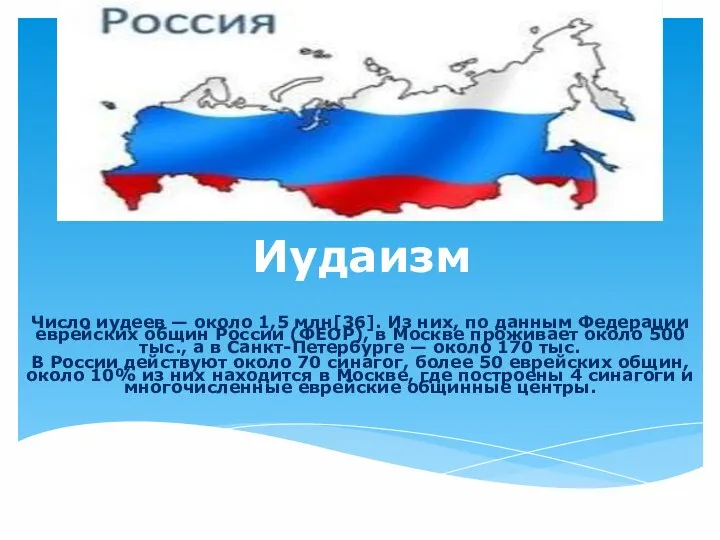 Иудаизм Число иудеев — около 1,5 млн[36]. Из них, по данным