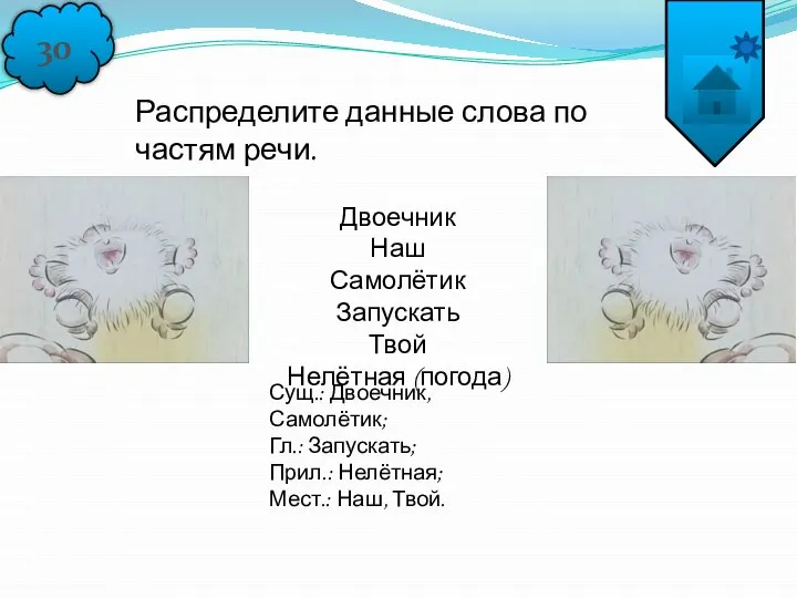 30 Распределите данные слова по частям речи. Двоечник Наш Самолётик Запускать