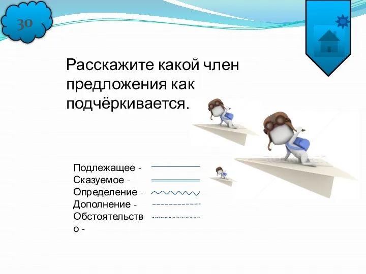 30 Расскажите какой член предложения как подчёркивается. Подлежащее - Сказуемое -