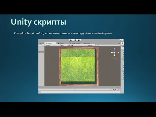 Unity скрипты Создайте Terrain 20*20, установите границы и текстуру тёмно-зелёной травы