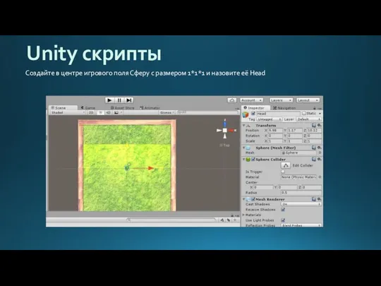 Unity скрипты Создайте в центре игрового поля Сферу с размером 1*1*1 и назовите её Head