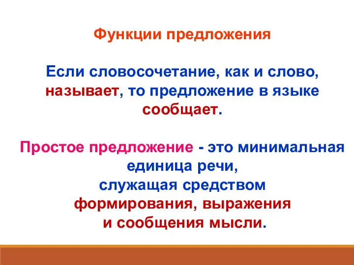 Функции предложения Если словосочетание, как и слово, называет, то предложение в