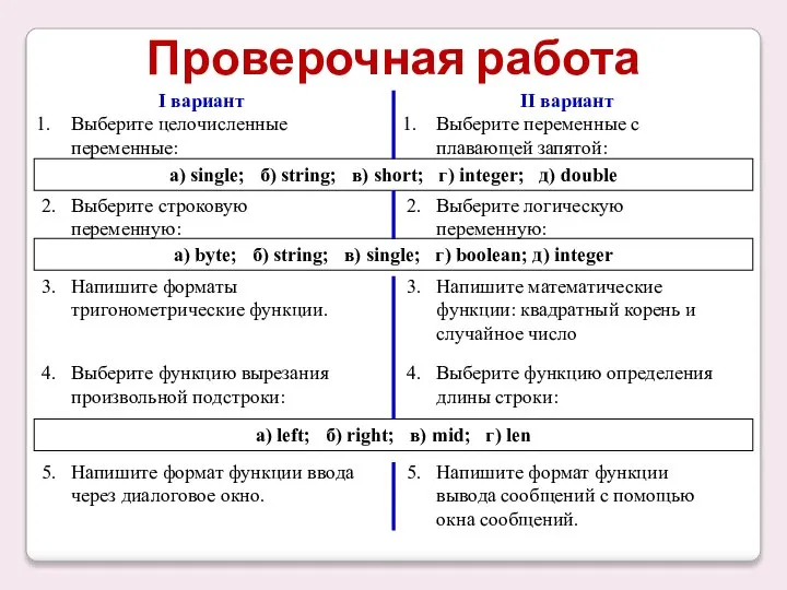 Проверочная работа I вариант Выберите целочисленные переменные: а) single; б) string;