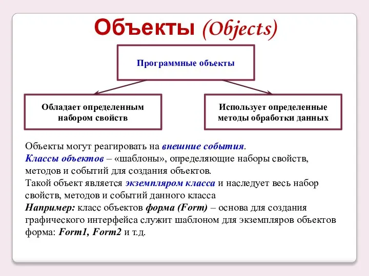 Объекты (Objects) Программные объекты Обладает определенным набором свойств Использует определенные методы