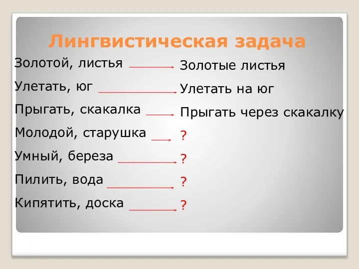 Лингвистическая задача Золотой, листья Улетать, юг Прыгать, скакалка Молодой, старушка Умный,