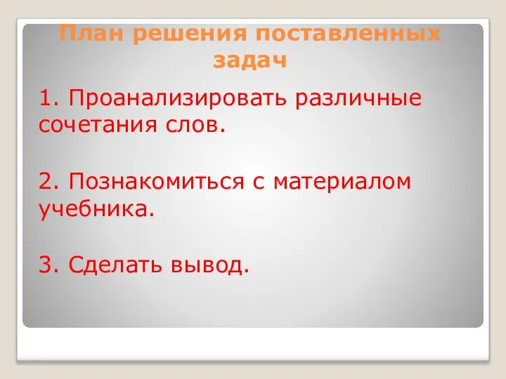 План решения поставленных задач 1. Проанализировать различные сочетания слов. 2. Познакомиться