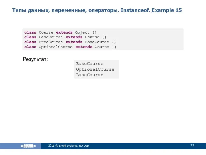 Типы данных, переменные, операторы. Instanceof. Example 15 2011 © EPAM Systems,