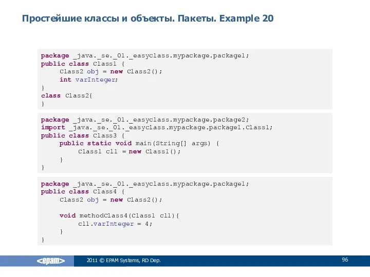 Простейшие классы и объекты. Пакеты. Example 20 2011 © EPAM Systems,