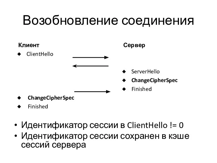 Возобновление соединения Идентификатор сессии в ClientHello != 0 Идентификатор сессии сохранен