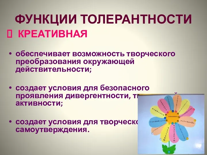 ФУНКЦИИ ТОЛЕРАНТНОСТИ КРЕАТИВНАЯ обеспечивает возможность творческого преобразования окружающей действительности; создает условия