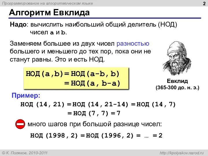Алгоритм Евклида Евклид (365-300 до. н. э.) НОД(a,b)= НОД(a-b, b) =