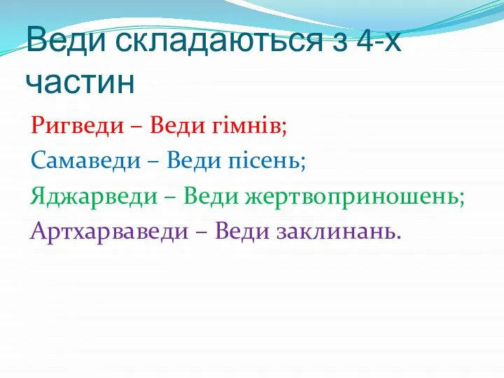 Веди складаються з 4-х частин Ригведи – Веди гімнів; Самаведи –