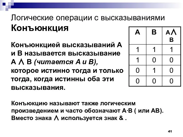 Логические операции с высказываниями Конъюнкция Конъюнкцией высказываний A и B называется