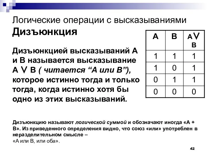 Логические операции с высказываниями Дизъюнкция Дизъюнкцией высказываний A и B называется