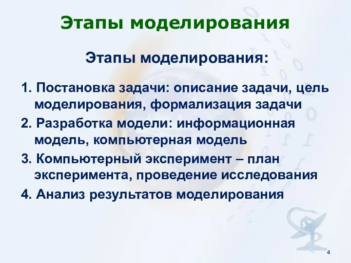 Этапы моделирования Этапы моделирования: 1. Постановка задачи: описание задачи, цель моделирования,