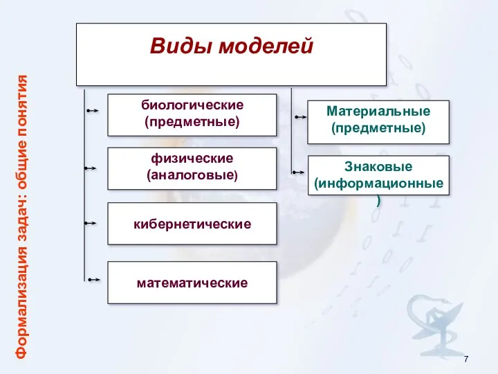 Виды моделей биологические (предметные) кибернетические физические (аналоговые) Материальные (предметные) Знаковые (информационные) Формализация задач: общие понятия математические