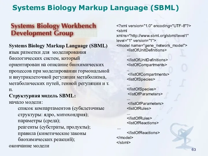 Systems Biology Markup Language (SBML) язык разметки для моделирования биологических систем,