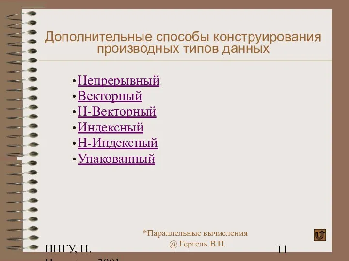 ННГУ, Н.Новгород, 2001 Дополнительные способы конструирования производных типов данных Непрерывный Векторный H-Векторный Индексный H-Индексный Упакованный