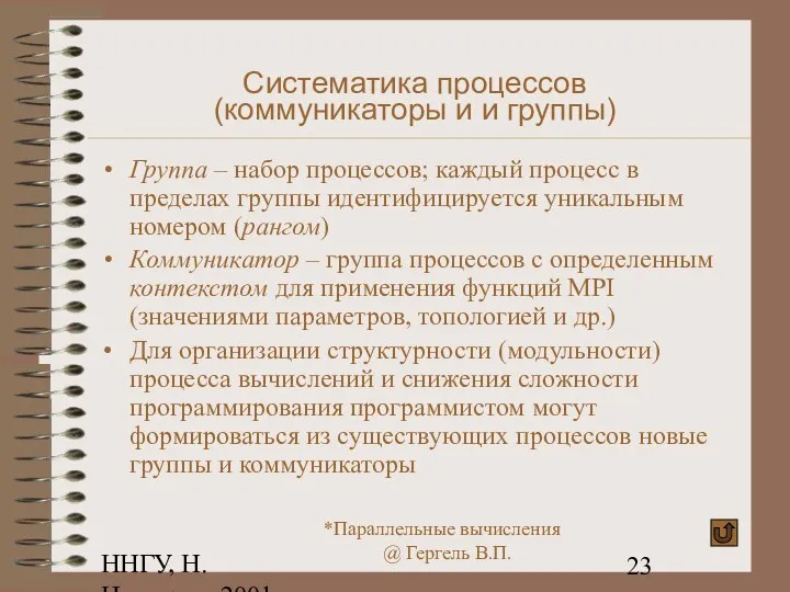 ННГУ, Н.Новгород, 2001 Систематика процессов (коммуникаторы и и группы) Группа –