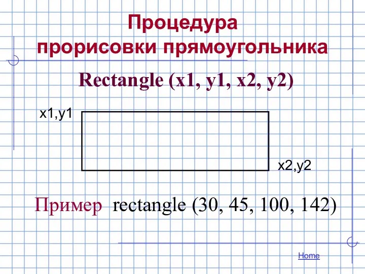 Процедура прорисовки прямоугольника Rectangle (x1, y1, x2, y2) Пример rectangle (30, 45, 100, 142) Home