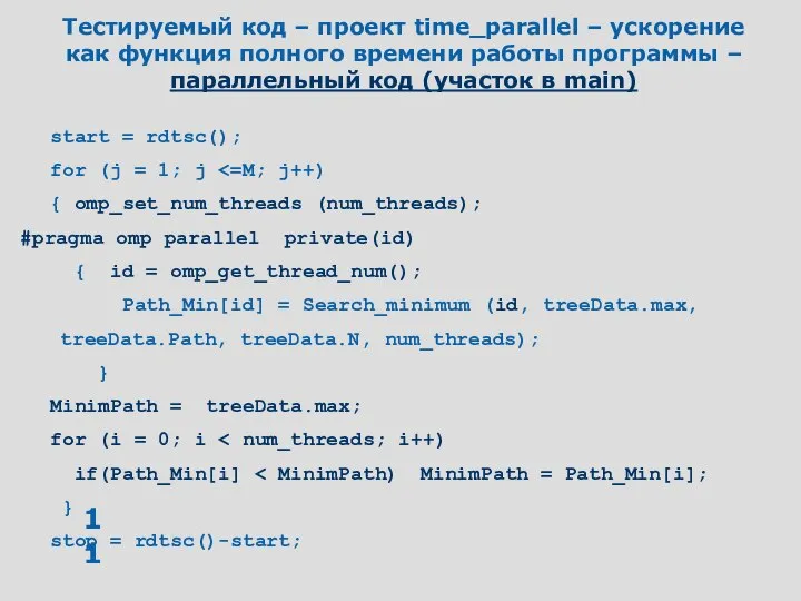 Тестируемый код – проект time_parallel – ускорение как функция полного времени