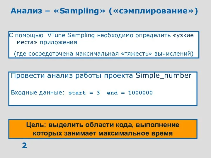 Провести анализ работы проекта Simple_number Входные данные: start = 3 end