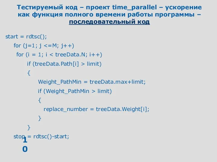 Тестируемый код – проект time_parallel – ускорение как функция полного времени