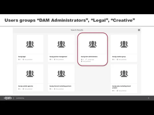 Users groups “DAM Administrators”, “Legal”, “Creative”