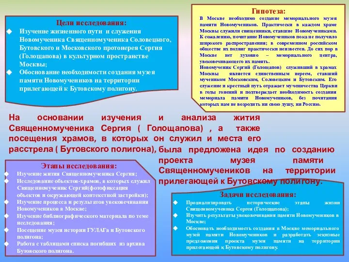 Цели исследования: Изучение жизненного пути и служения Новомученика Священномученика Соловецкого, Бутовского