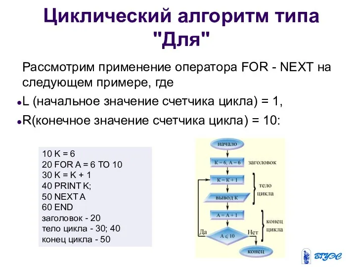 Рассмотрим применение оператора FOR - NEXT на следующем примере, где L