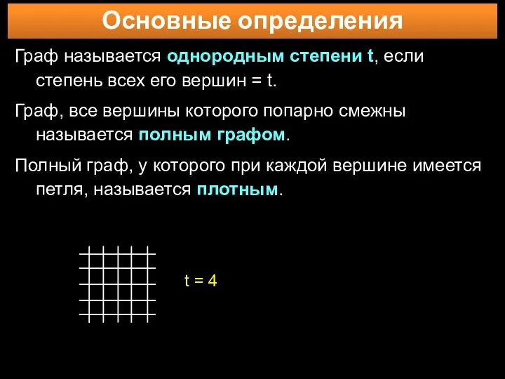 Основные определения Граф называется однородным степени t, если степень всех его