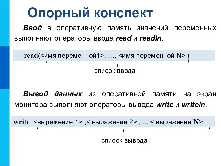 Опорный конспект Ввод в оперативную память значений переменных выполняют операторы ввода