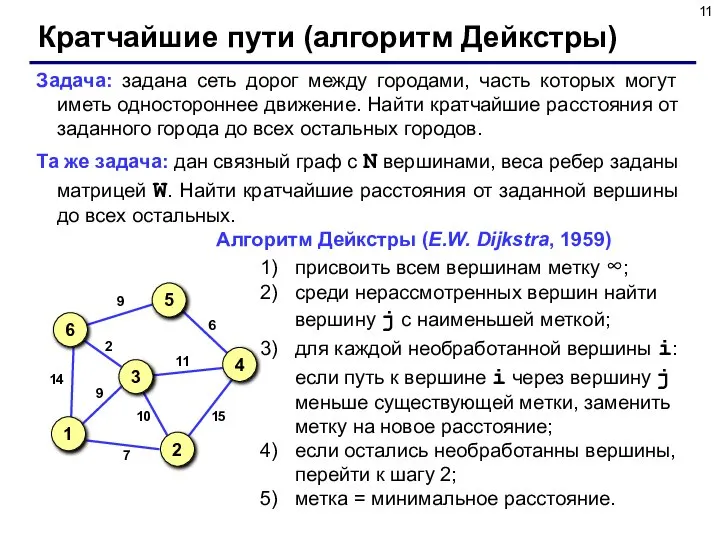 Кратчайшие пути (алгоритм Дейкстры) Задача: задана сеть дорог между городами, часть